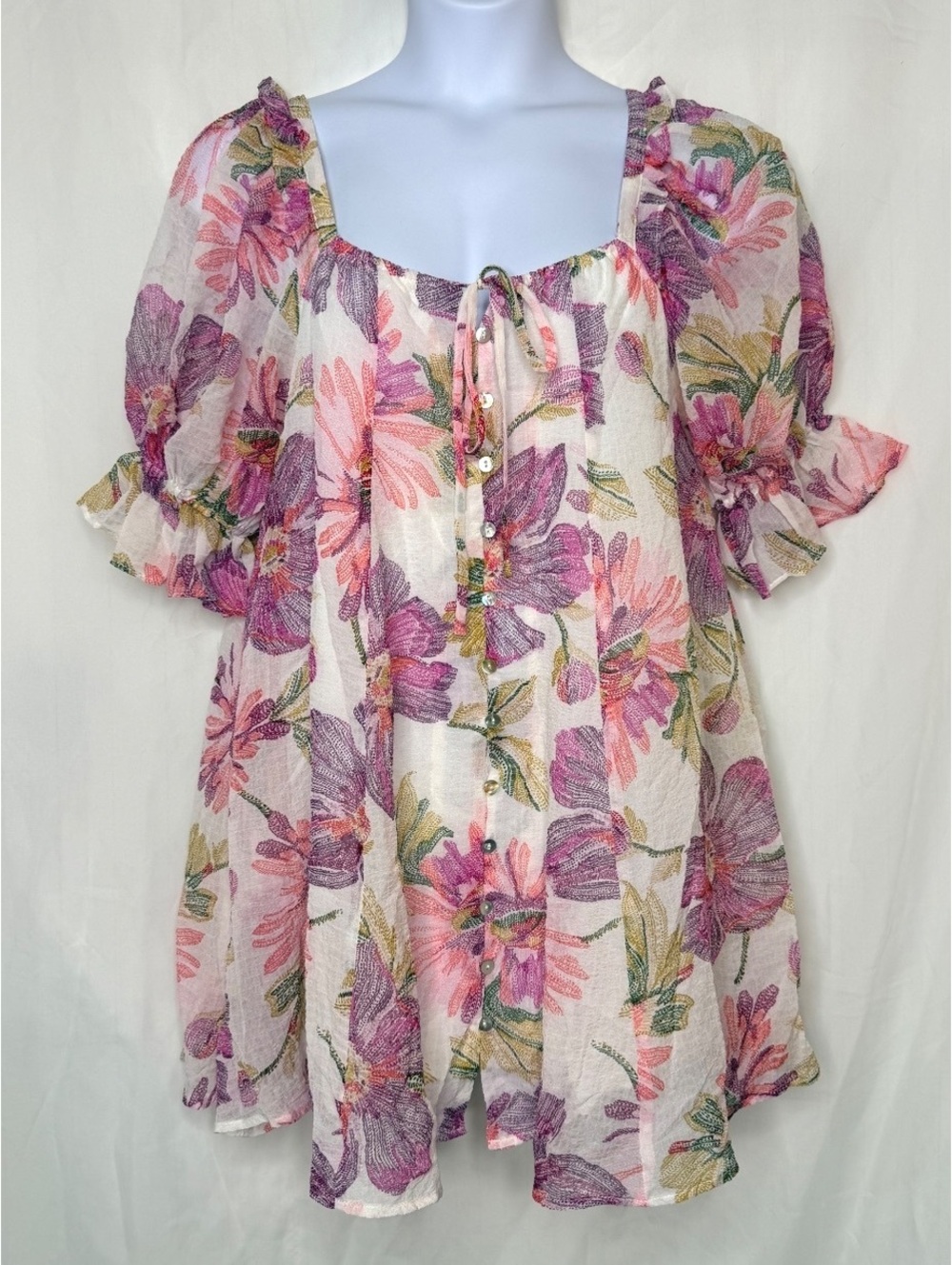 Olivaceous Floral Puff Sleeve Button Front Babydoll Mini Dress L